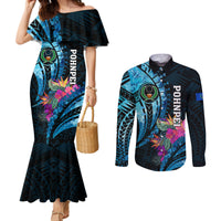 Personalised FSM Pohnpei State Couples Matching Mermaid Dress and Long Sleeve Button Shirt Tropical Flowers Tribal Pattern LT05 Blue - Polynesian Pride