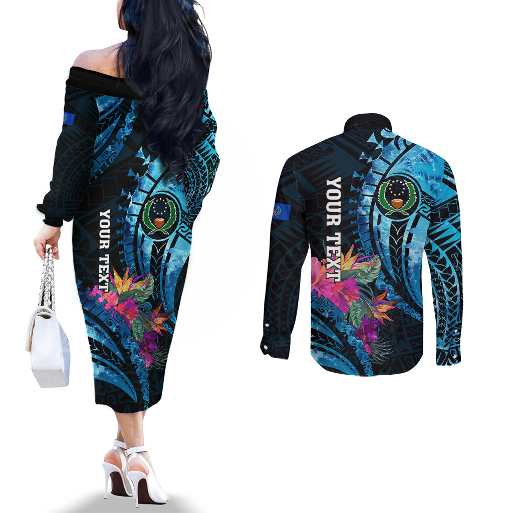 Personalised FSM Pohnpei State Couples Matching Off The Shoulder Long Sleeve Dress and Long Sleeve Button Shirt Tropical Flowers Tribal Pattern LT05 - Polynesian Pride