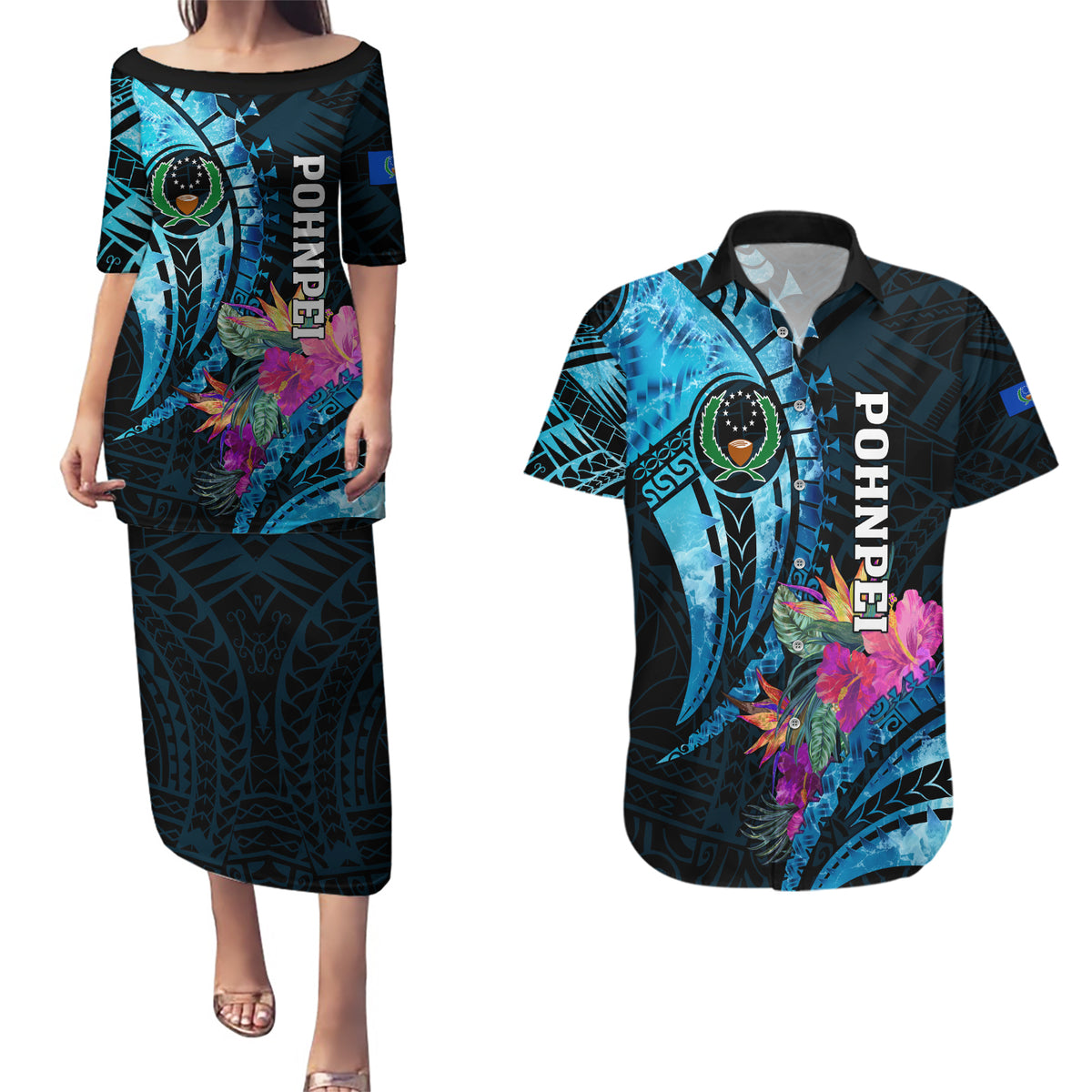 Personalised FSM Pohnpei State Couples Matching Puletasi and Hawaiian Shirt Tropical Flowers Tribal Pattern LT05 Blue - Polynesian Pride