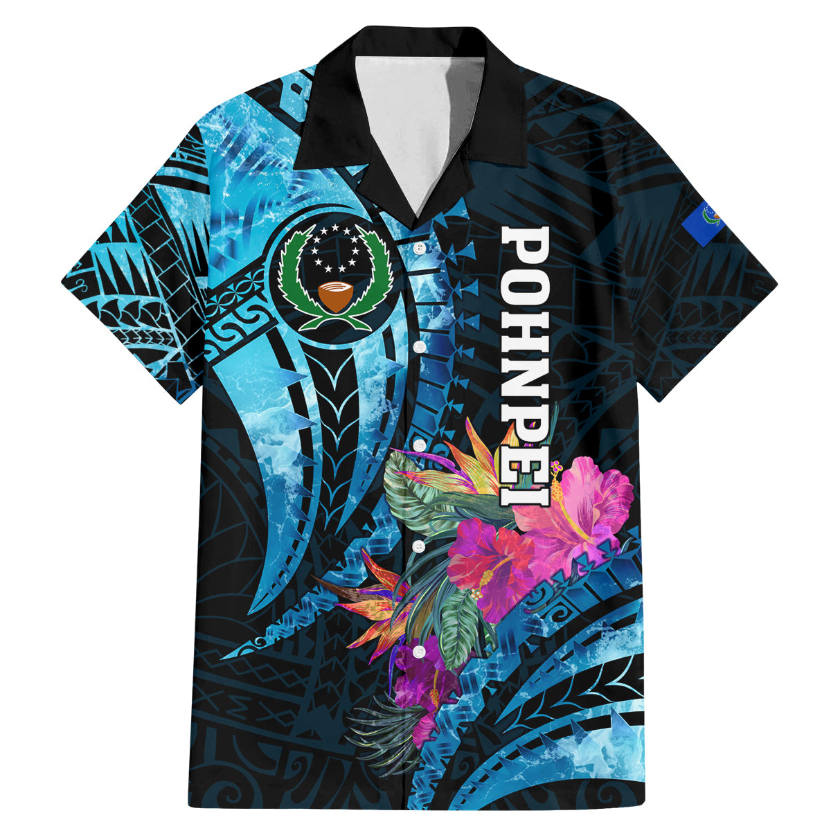 Personalised FSM Pohnpei State Family Matching Mermaid Dress and Hawaiian Shirt Tropical Flowers Tribal Pattern LT05 Dad's Shirt - Short Sleeve Blue - Polynesian Pride