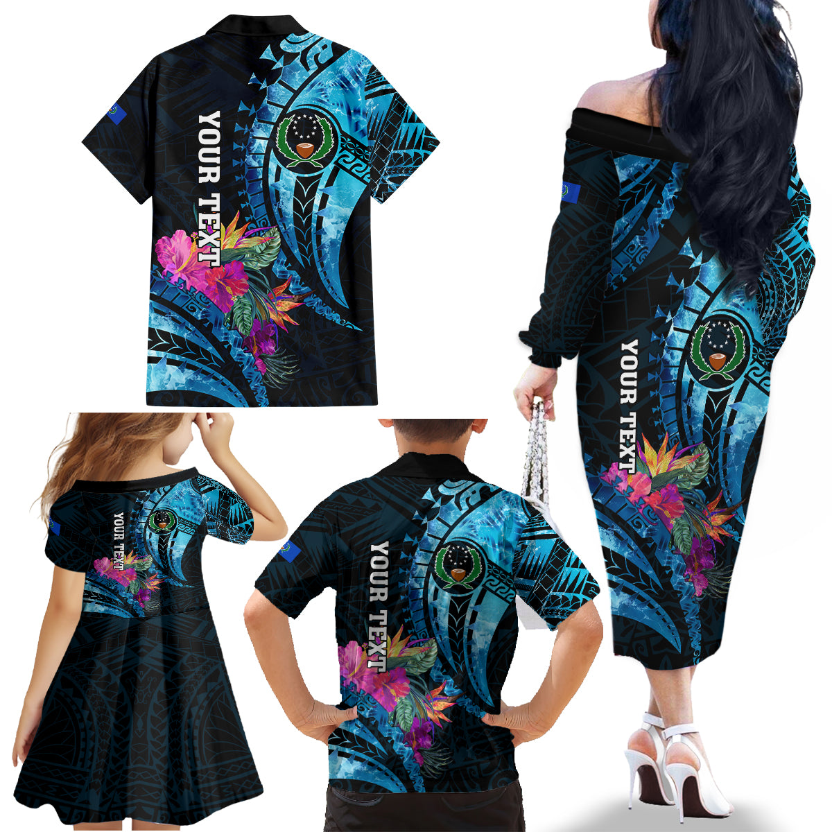 Personalised FSM Pohnpei State Family Matching Off Shoulder Long Sleeve Dress and Hawaiian Shirt Tropical Flowers Tribal Pattern LT05 - Polynesian Pride