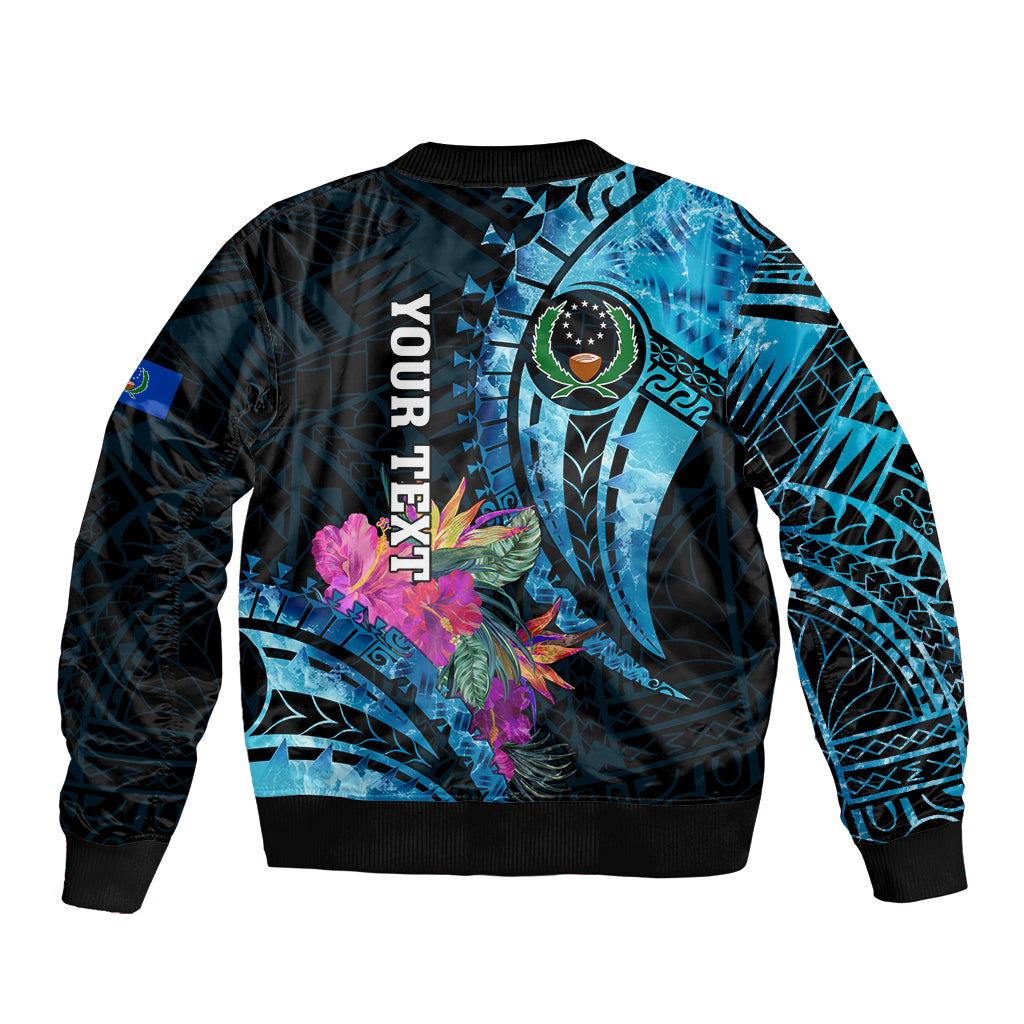 Personalised FSM Pohnpei State Sleeve Zip Bomber Jacket Tropical Flowers Tribal Pattern LT05 - Polynesian Pride