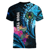 Personalised FSM Pohnpei State Women V Neck T Shirt Tropical Flowers Tribal Pattern LT05 - Polynesian Pride