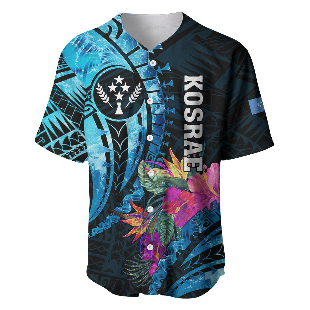 Personalised FSM Kosrae State Baseball Jersey Tropical Flowers Tribal Pattern LT05 Blue - Polynesian Pride