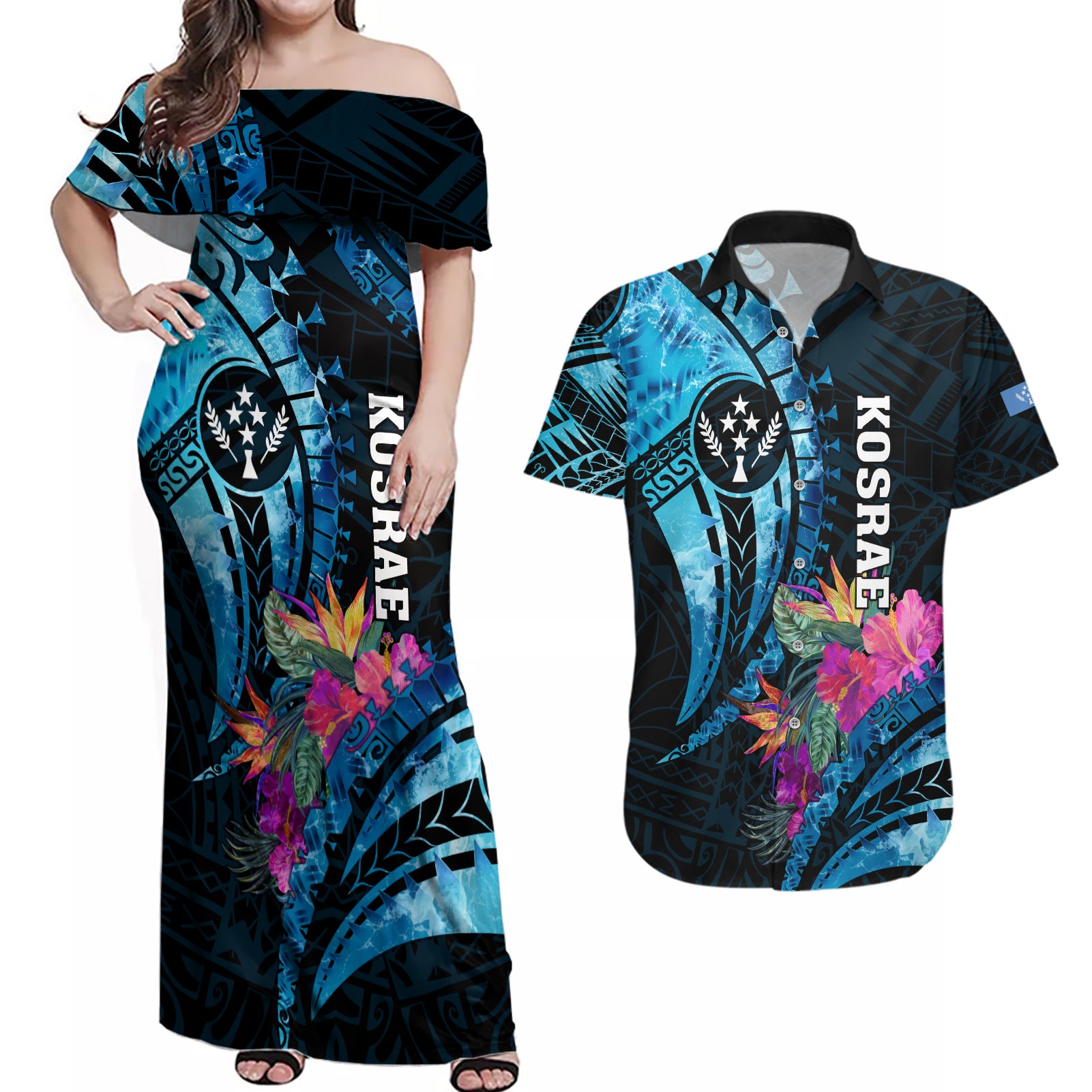 Personalised FSM Kosrae State Couples Matching Off Shoulder Maxi Dress and Hawaiian Shirt Tropical Flowers Tribal Pattern LT05 Blue - Polynesian Pride