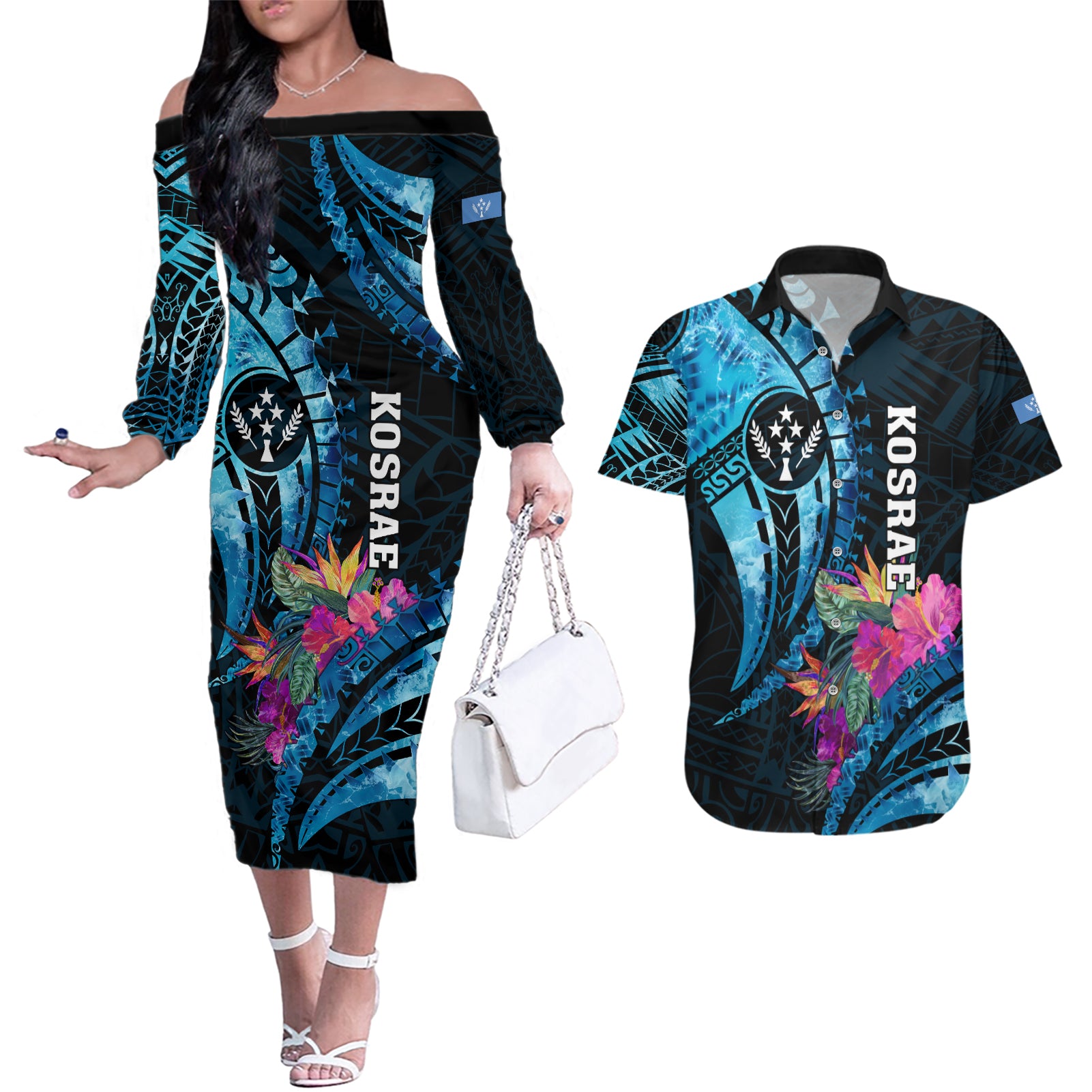 Personalised FSM Kosrae State Couples Matching Off The Shoulder Long Sleeve Dress and Hawaiian Shirt Tropical Flowers Tribal Pattern LT05 Blue - Polynesian Pride