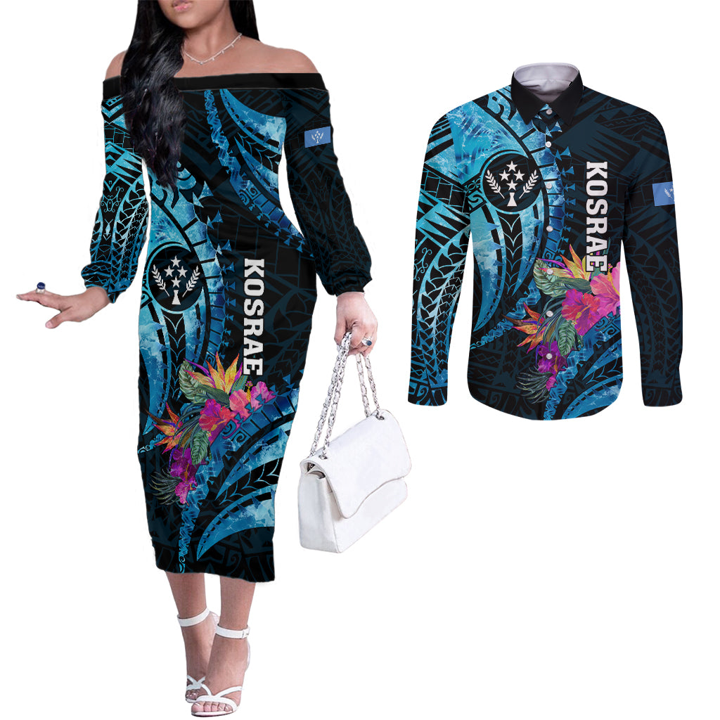 Personalised FSM Kosrae State Couples Matching Off The Shoulder Long Sleeve Dress and Long Sleeve Button Shirt Tropical Flowers Tribal Pattern LT05 Blue - Polynesian Pride