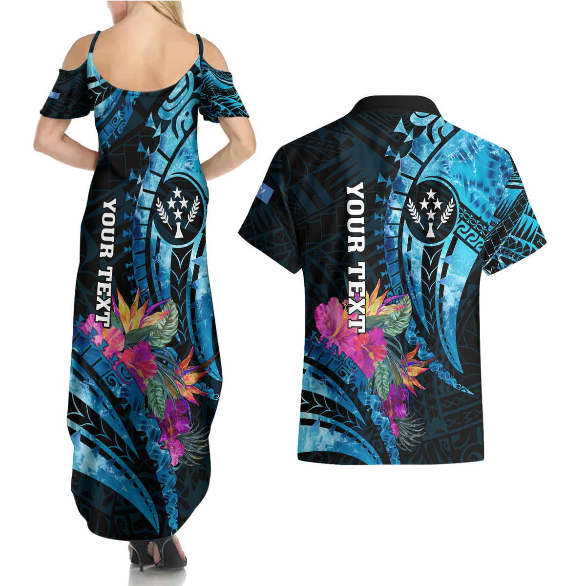 Personalised FSM Kosrae State Couples Matching Summer Maxi Dress and Hawaiian Shirt Tropical Flowers Tribal Pattern LT05 - Polynesian Pride