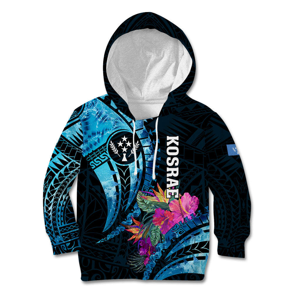 Personalised FSM Kosrae State Kid Hoodie Tropical Flowers Tribal Pattern LT05 Hoodie Blue - Polynesian Pride