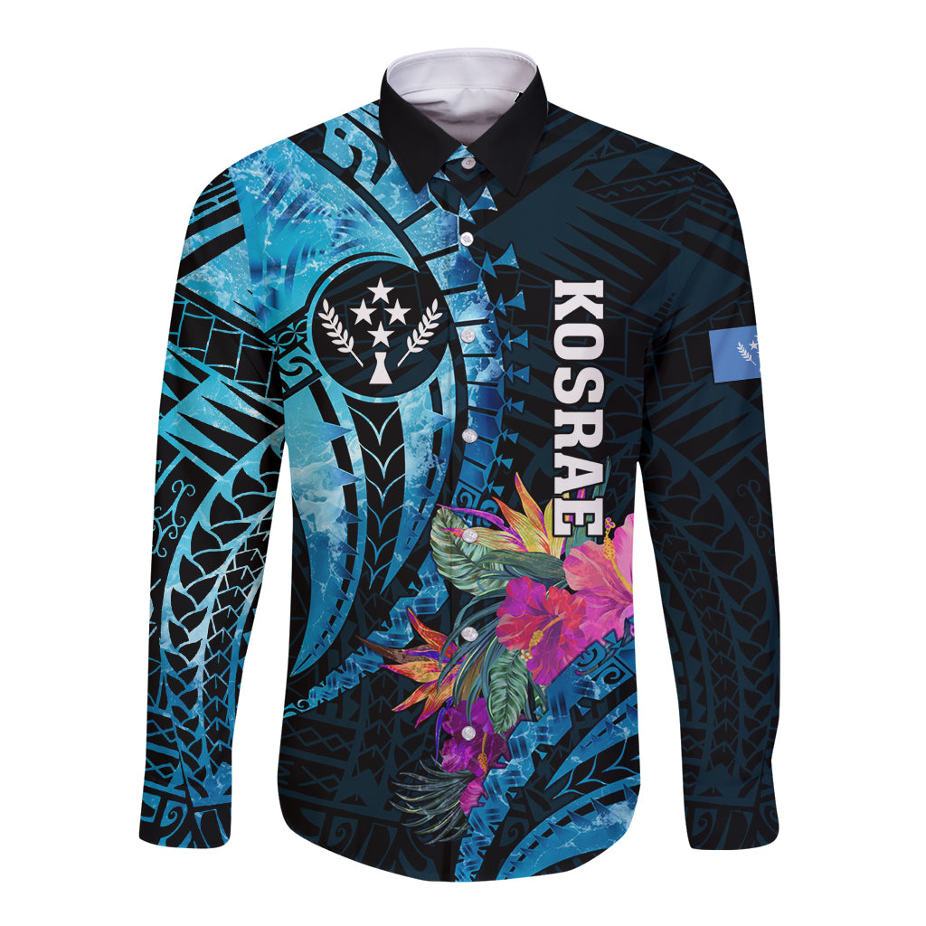 Personalised FSM Kosrae State Long Sleeve Button Shirt Tropical Flowers Tribal Pattern LT05 Unisex Blue - Polynesian Pride