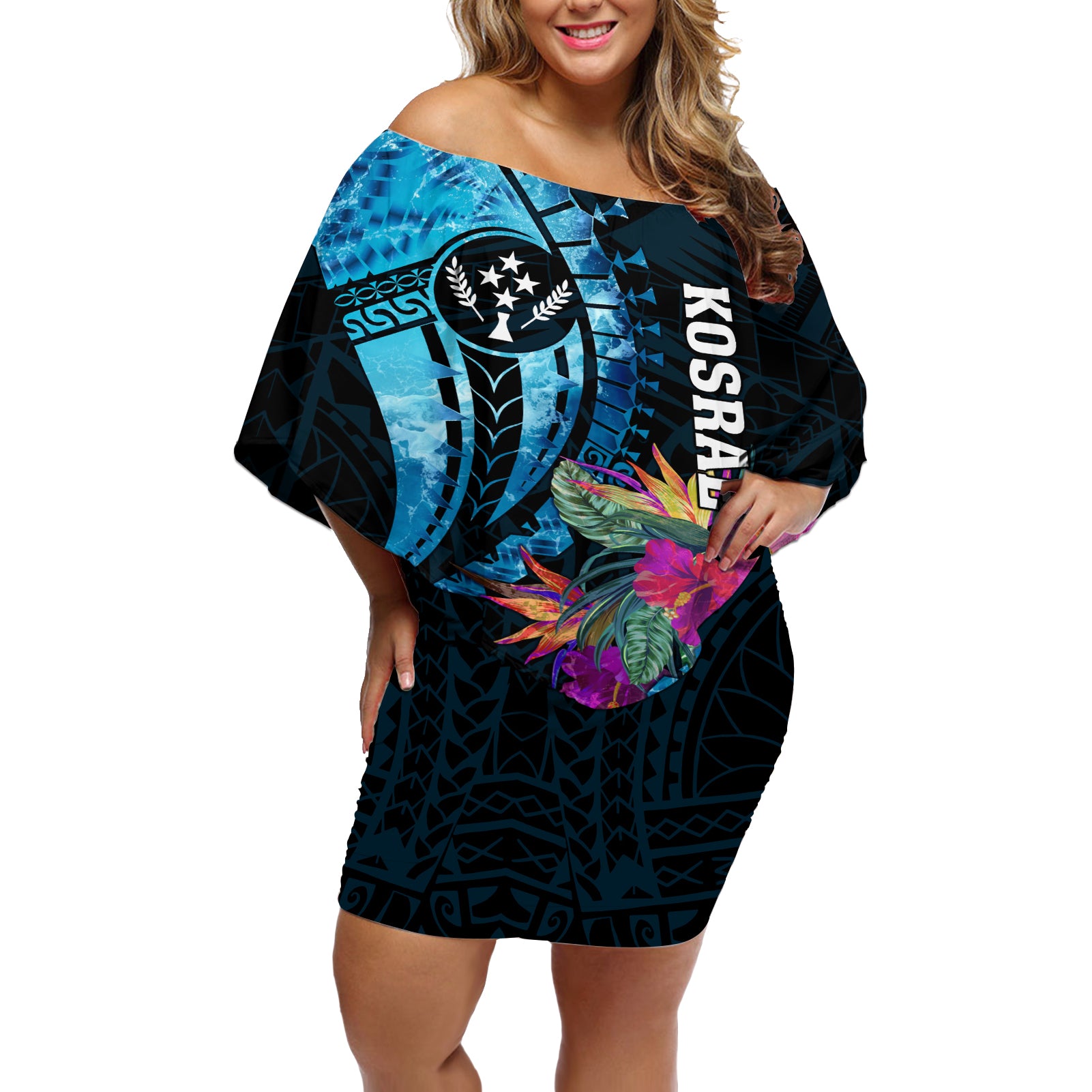 Personalised FSM Kosrae State Off Shoulder Short Dress Tropical Flowers Tribal Pattern LT05 Women Blue - Polynesian Pride