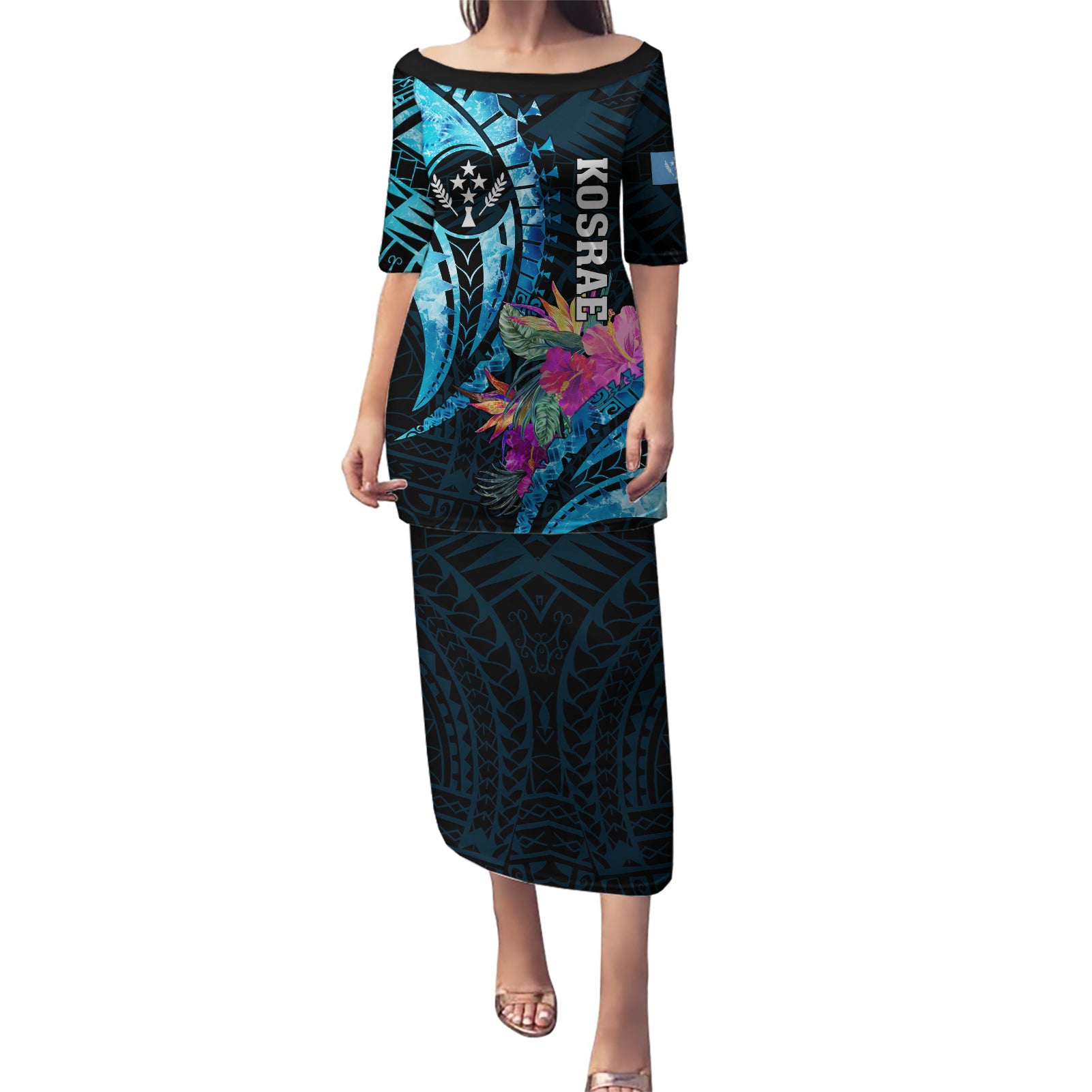 Personalised FSM Kosrae State Puletasi Tropical Flowers Tribal Pattern LT05 Long Dress Blue - Polynesian Pride