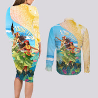 Personalised Hawaii Honolulu Festival Couples Matching Long Sleeve Bodycon Dress and Long Sleeve Button Shirt Hula Girls Tropical Vibe LT05 - Polynesian Pride