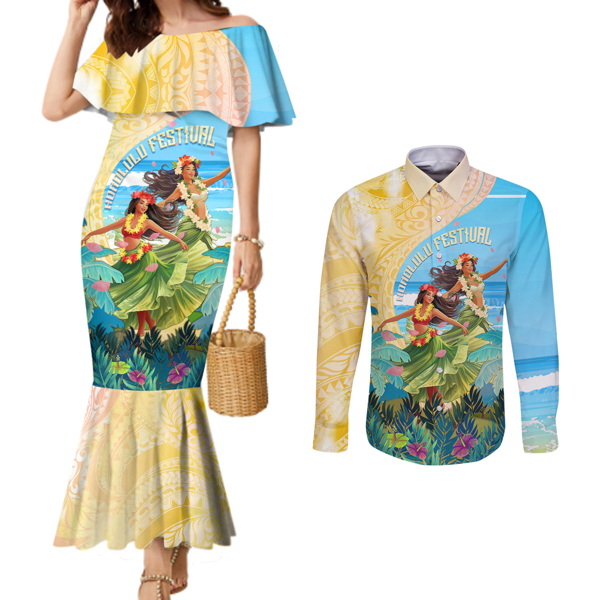 Personalised Hawaii Honolulu Festival Couples Matching Mermaid Dress and Long Sleeve Button Shirt Hula Girls Tropical Vibe LT05 Blue - Polynesian Pride