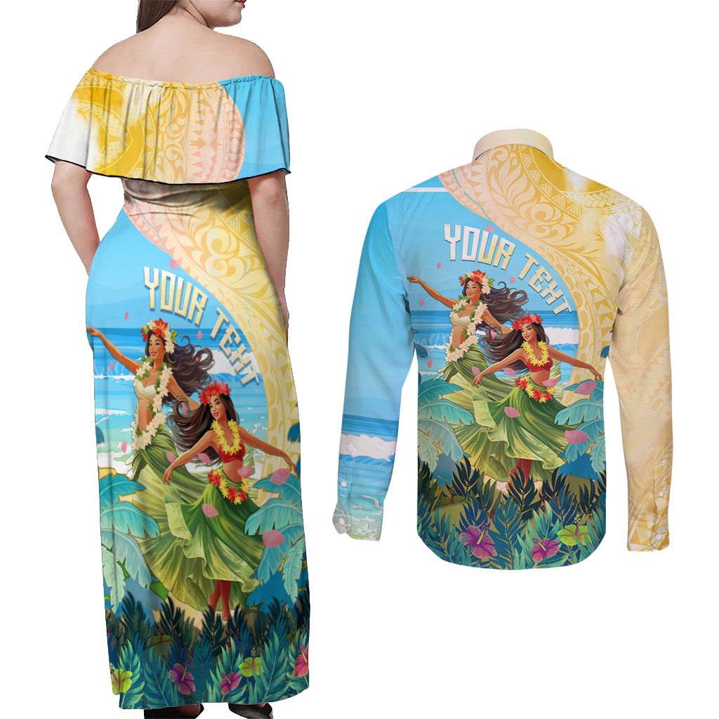 Personalised Hawaii Honolulu Festival Couples Matching Off Shoulder Maxi Dress and Long Sleeve Button Shirt Hula Girls Tropical Vibe LT05 - Polynesian Pride