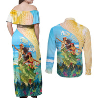 Personalised Hawaii Honolulu Festival Couples Matching Off Shoulder Maxi Dress and Long Sleeve Button Shirt Hula Girls Tropical Vibe LT05 - Polynesian Pride