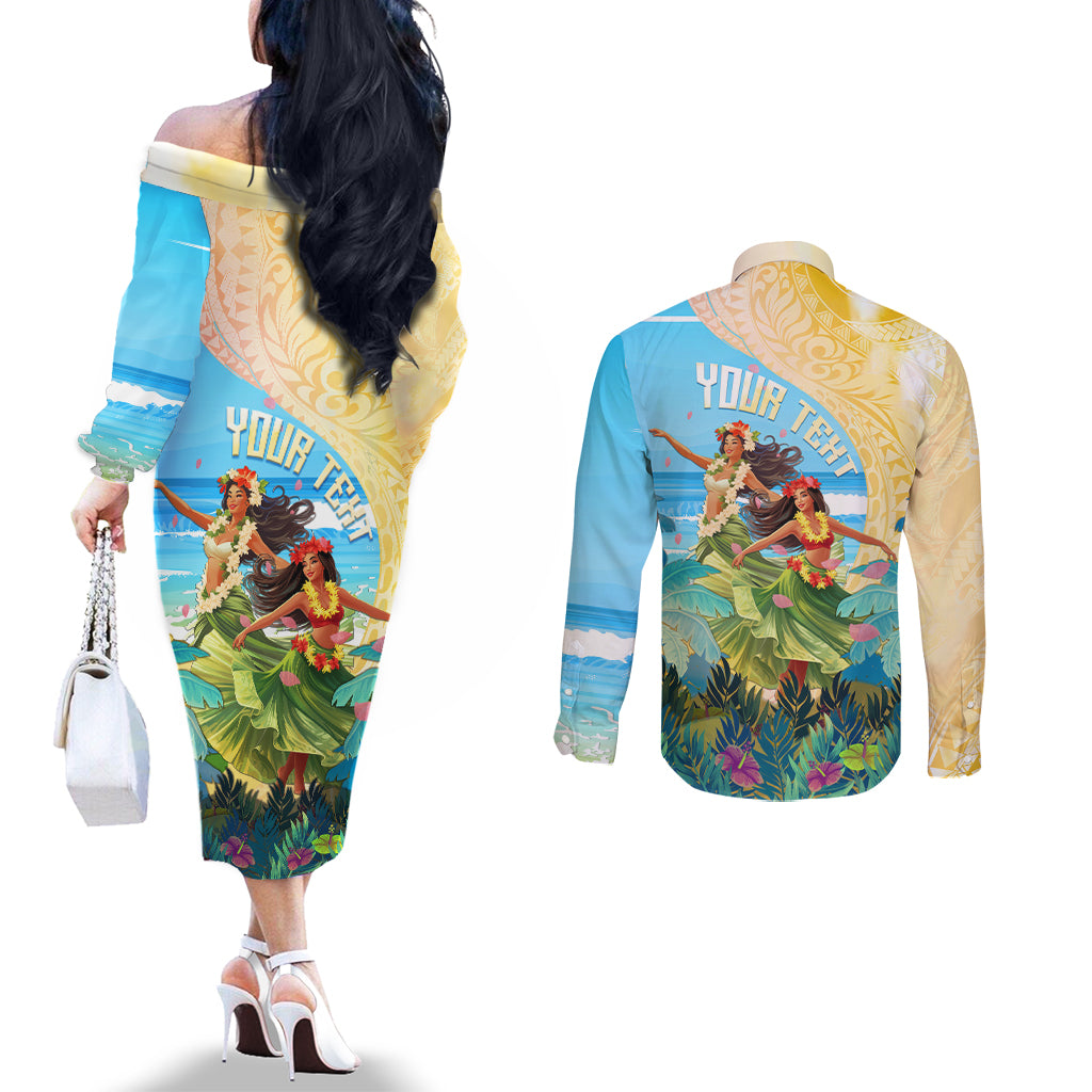 Personalised Hawaii Honolulu Festival Couples Matching Off The Shoulder Long Sleeve Dress and Long Sleeve Button Shirt Hula Girls Tropical Vibe LT05 - Polynesian Pride