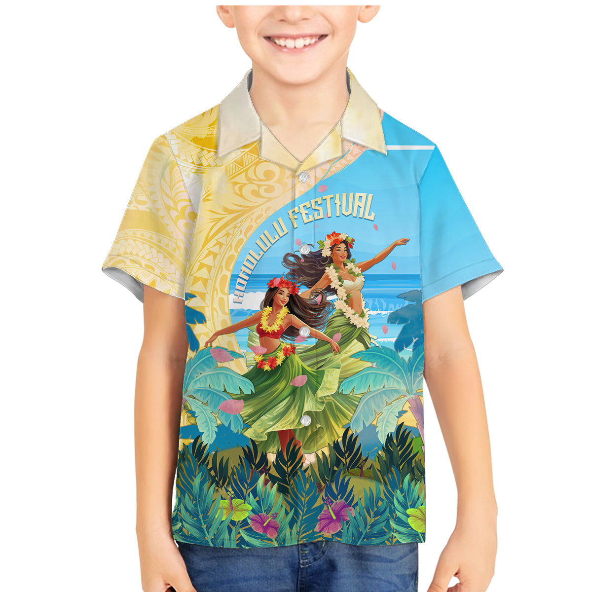 Personalised Hawaii Honolulu Festival Family Matching Mermaid Dress and Hawaiian Shirt Hula Girls Tropical Vibe LT05 Son's Shirt Blue - Polynesian Pride