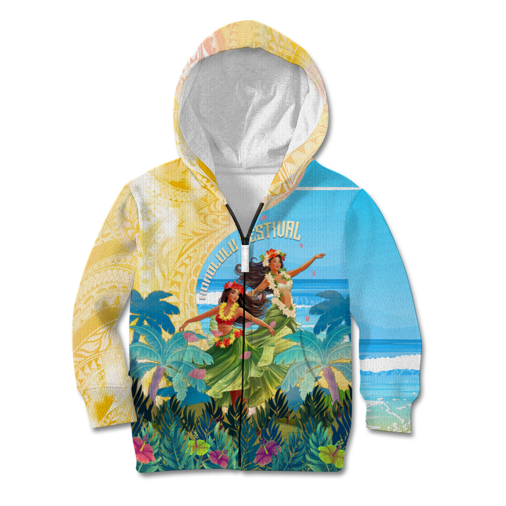 Personalised Hawaii Honolulu Festival Kid Hoodie Hula Girls Tropical Vibe LT05 Zip Hoodie Blue - Polynesian Pride