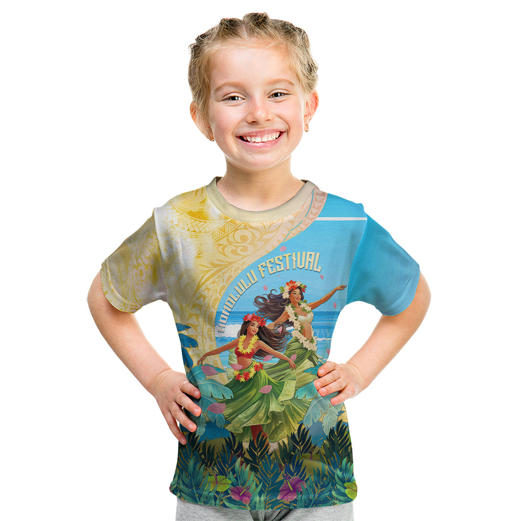 Personalised Hawaii Honolulu Festival Kid T Shirt Hula Girls Tropical Vibe LT05 Blue - Polynesian Pride