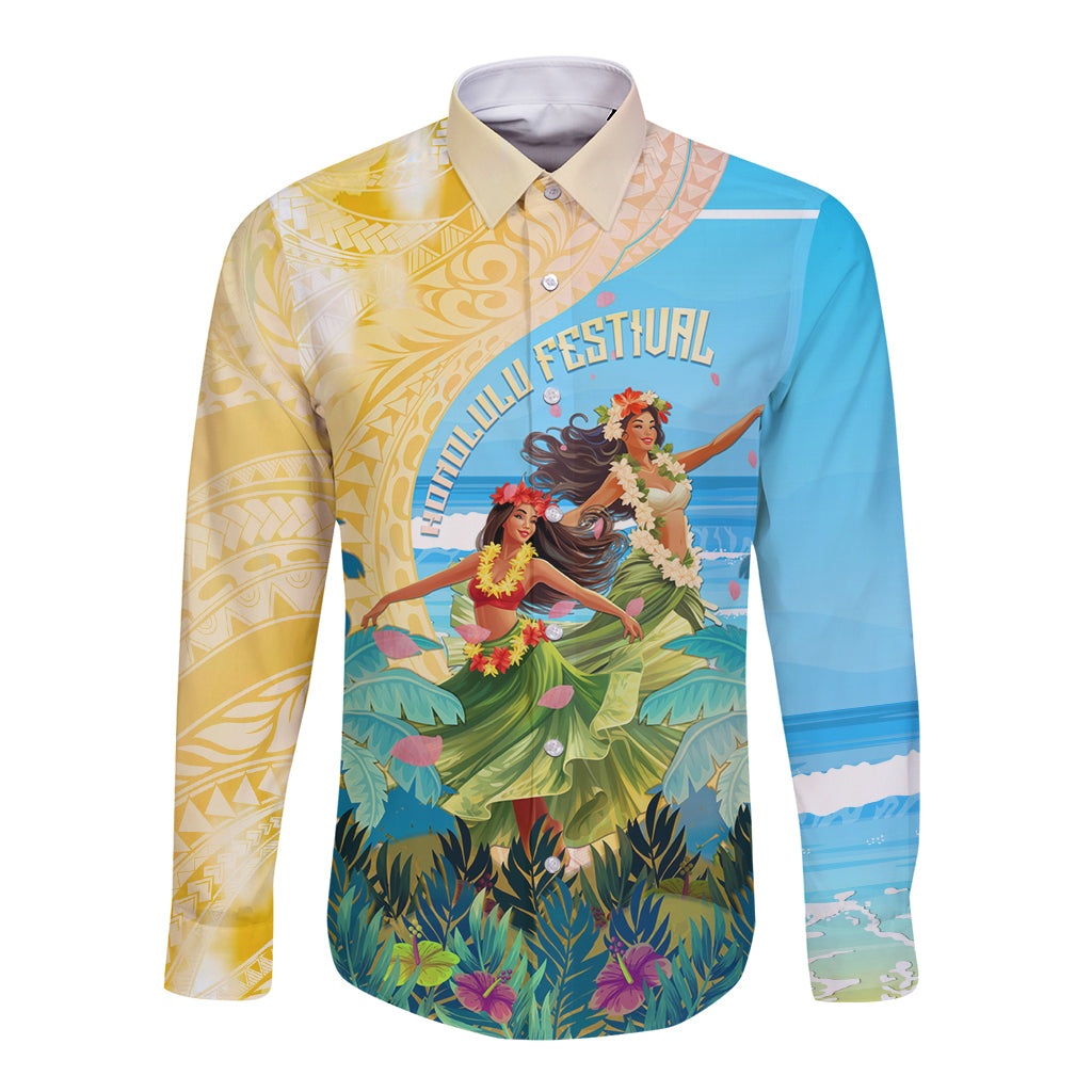 Personalised Hawaii Honolulu Festival Long Sleeve Button Shirt Hula Girls Tropical Vibe LT05 Unisex Blue - Polynesian Pride