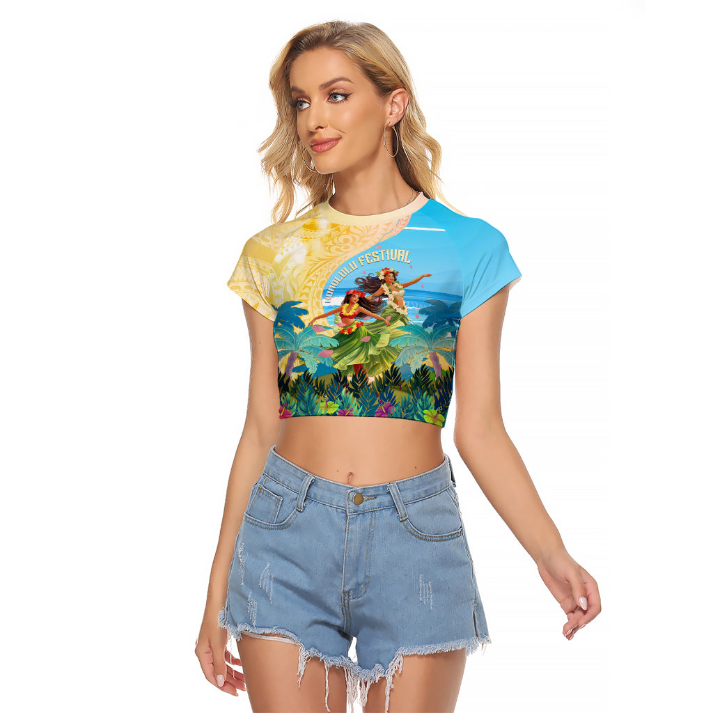 Personalised Hawaii Honolulu Festival Raglan Cropped T Shirt Hula Girls Tropical Vibe LT05 Female Blue - Polynesian Pride