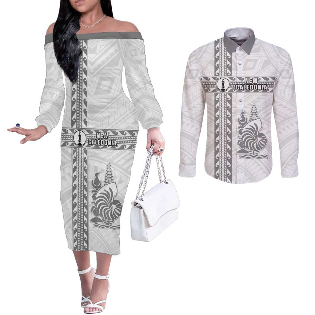 Custom New Caledonia Football Couples Matching Off The Shoulder Long Sleeve Dress and Long Sleeve Button Shirt Go The Kagus LT05 White - Polynesian Pride