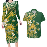 Cook Islands 15 Finest Couples Matching Long Sleeve Bodycon Dress and Hawaiian Shirt Plumeria Polynesian Turtle LT05 Green - Polynesian Pride