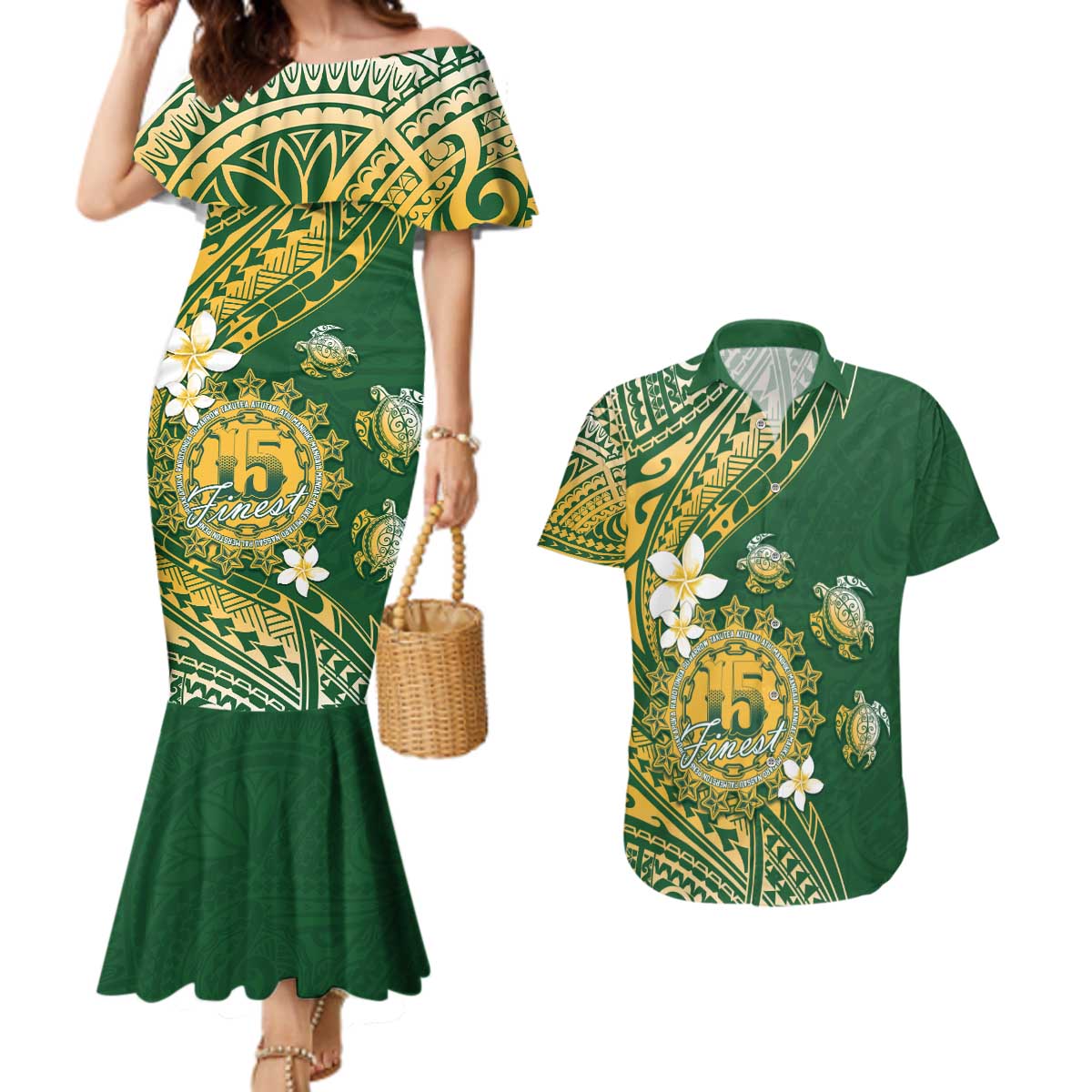 Cook Islands 15 Finest Couples Matching Mermaid Dress and Hawaiian Shirt Plumeria Polynesian Turtle