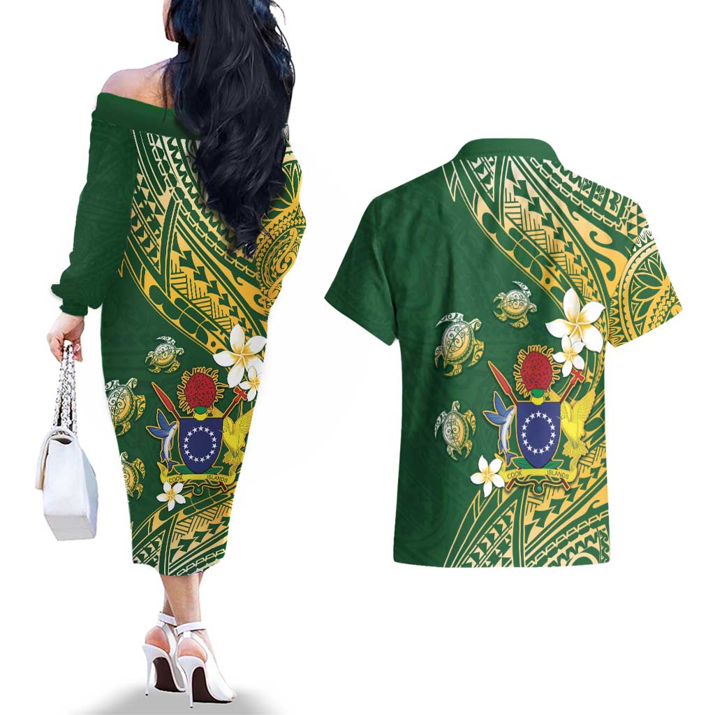 Cook Islands 15 Finest Couples Matching Off The Shoulder Long Sleeve Dress and Hawaiian Shirt Plumeria Polynesian Turtle LT05 - Polynesian Pride