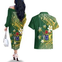 Cook Islands 15 Finest Couples Matching Off The Shoulder Long Sleeve Dress and Hawaiian Shirt Plumeria Polynesian Turtle LT05 - Polynesian Pride