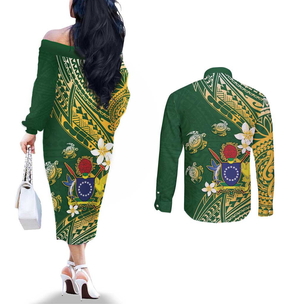 Cook Islands 15 Finest Couples Matching Off The Shoulder Long Sleeve Dress and Long Sleeve Button Shirt Plumeria Polynesian Turtle