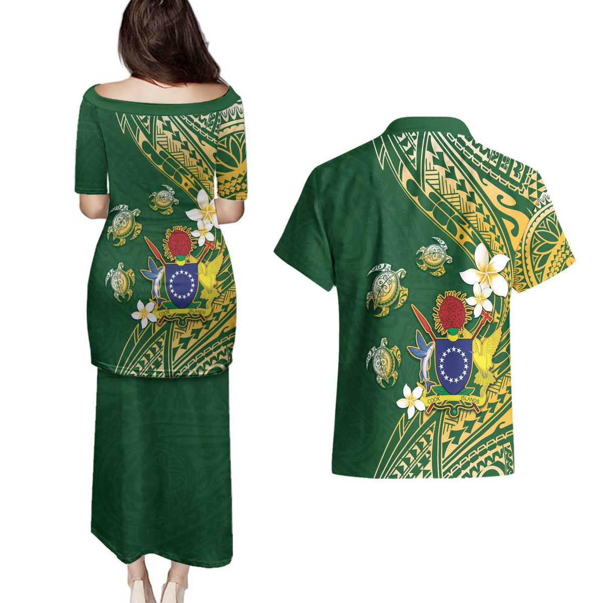 Cook Islands 15 Finest Couples Matching Puletasi and Hawaiian Shirt Plumeria Polynesian Turtle