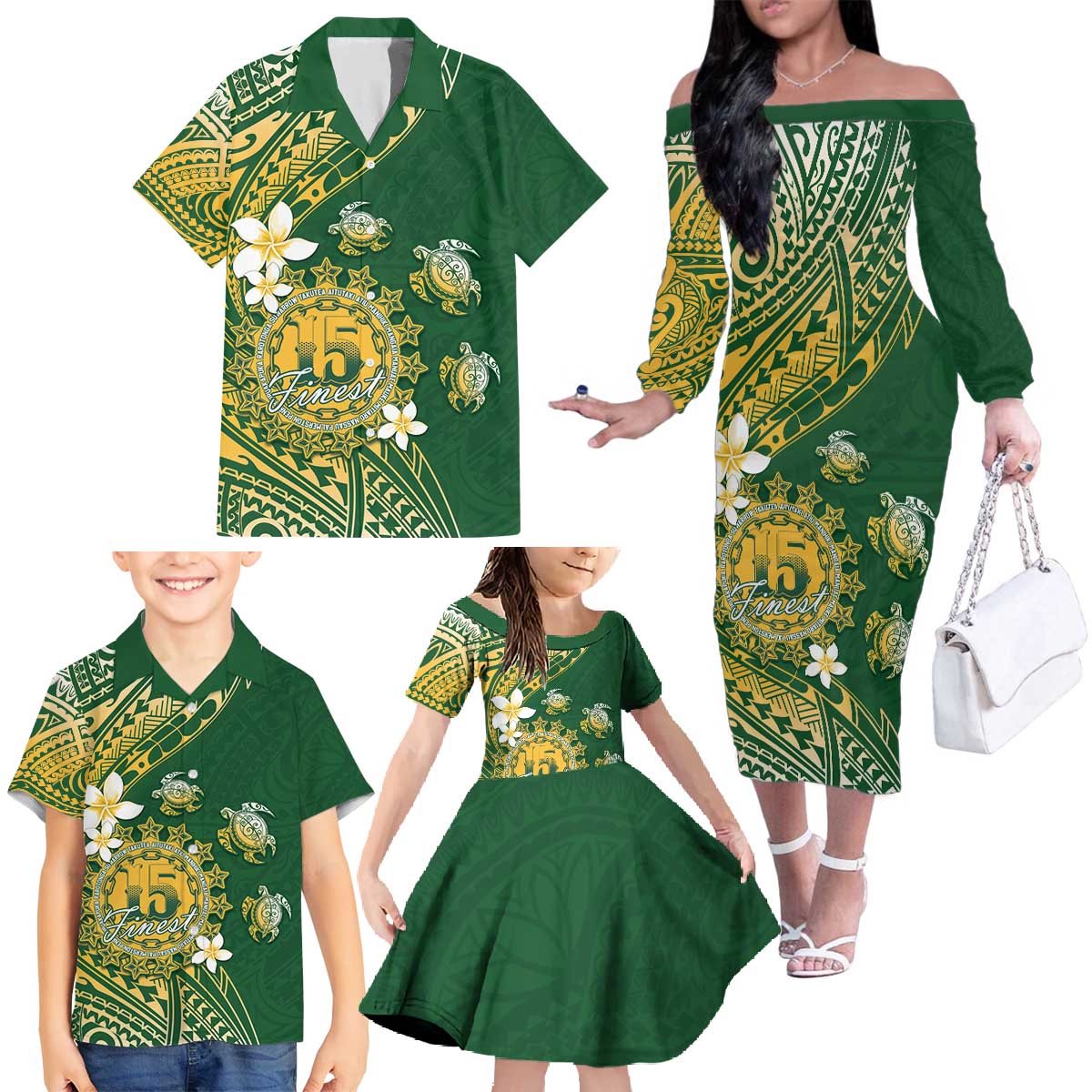 Cook Islands 15 Finest Family Matching Off The Shoulder Long Sleeve Dress and Hawaiian Shirt Plumeria Polynesian Turtle LT05 - Polynesian Pride