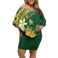 Cook Islands 15 Finest Family Matching Off Shoulder Short Dress and Hawaiian Shirt Plumeria Polynesian Turtle LT05 Mom's Dress Green - Polynesian Pride
