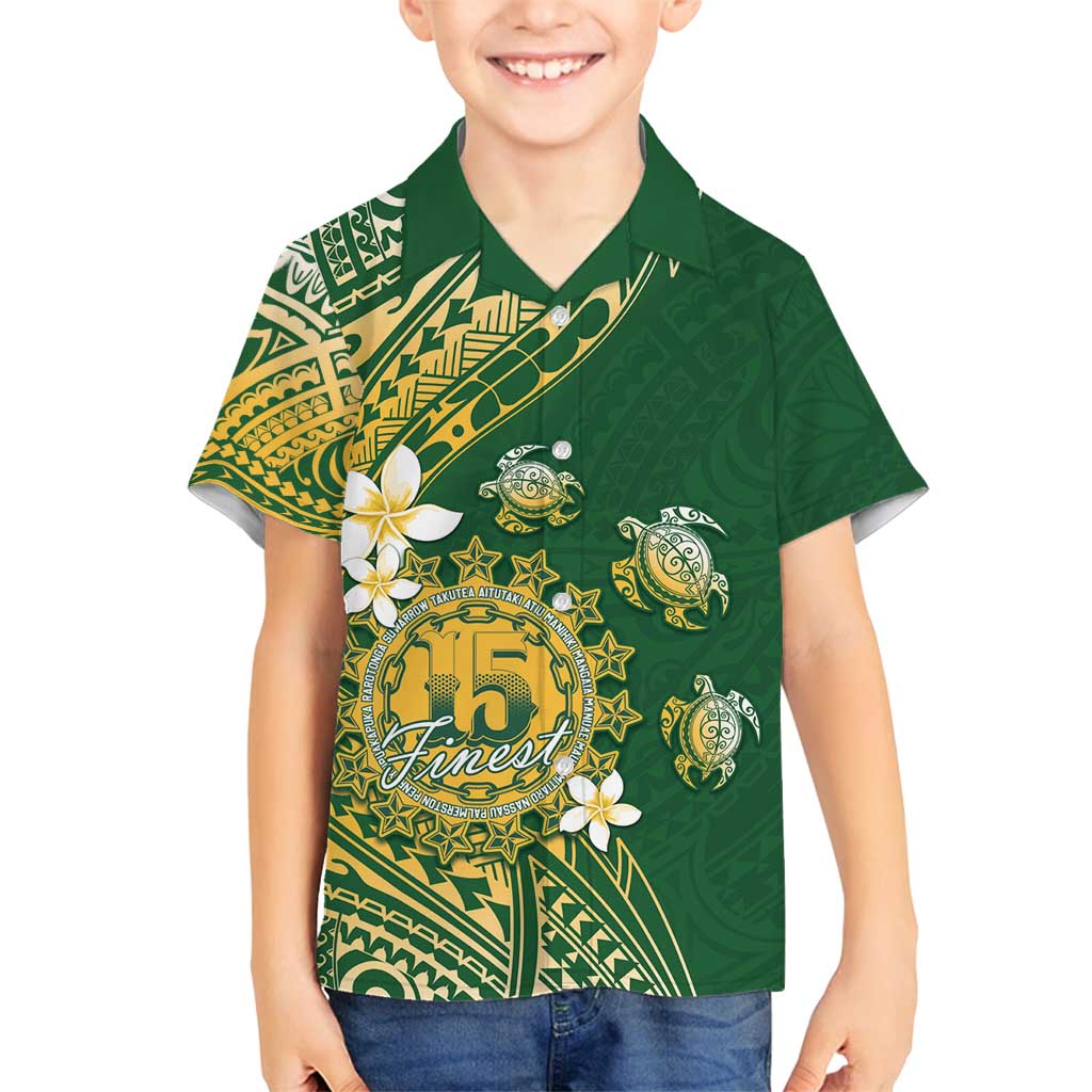 Cook Islands 15 Finest Family Matching Off Shoulder Short Dress and Hawaiian Shirt Plumeria Polynesian Turtle LT05 Son's Shirt Green - Polynesian Pride