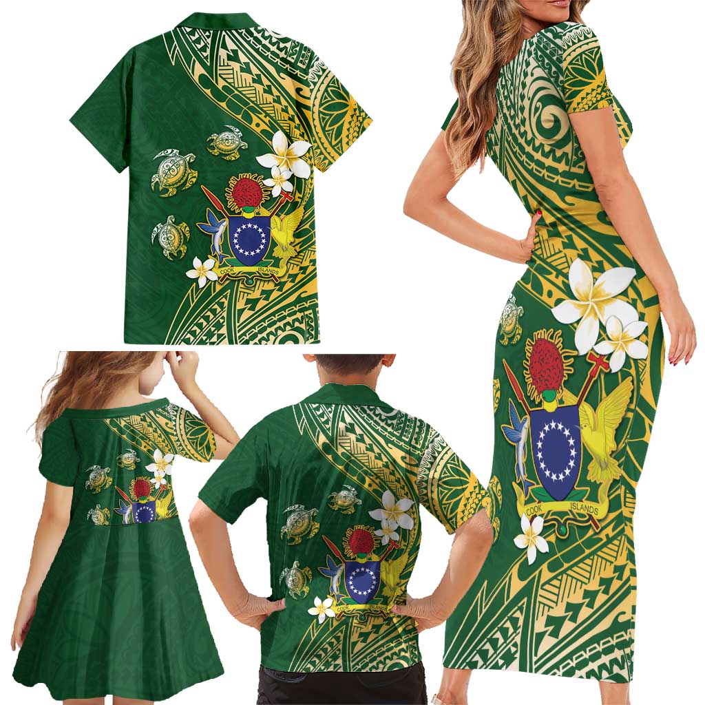 Cook Islands 15 Finest Family Matching Short Sleeve Bodycon Dress and Hawaiian Shirt Plumeria Polynesian Turtle