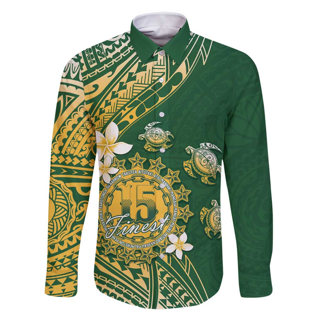 Cook Islands 15 Finest Family Matching Tank Maxi Dress and Hawaiian Shirt Plumeria Polynesian Turtle LT05 Dad's Shirt - Long Sleeve Green - Polynesian Pride