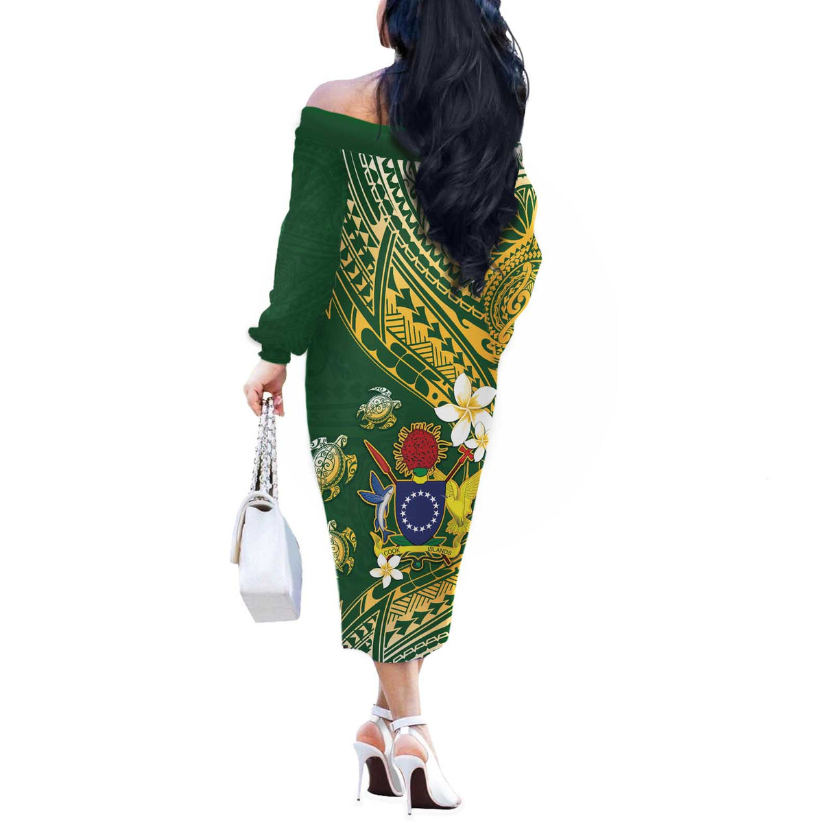 Cook Islands 15 Finest Off The Shoulder Long Sleeve Dress Plumeria Polynesian Turtle