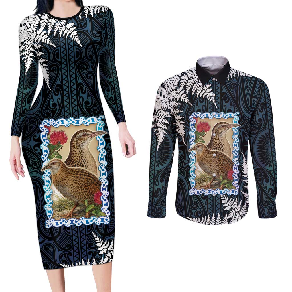 New Zealand Weka Couples Matching Long Sleeve Bodycon Dress and Long Sleeve Button Shirt Maori Hen Koru Pattern - Polynesian Pride