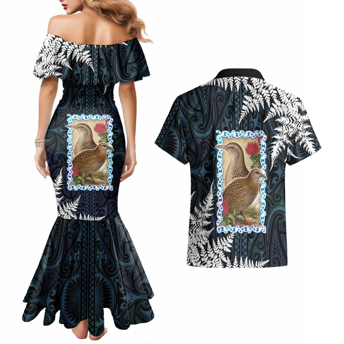 New Zealand Weka Couples Matching Mermaid Dress and Hawaiian Shirt Maori Hen Koru Pattern - Polynesian Pride