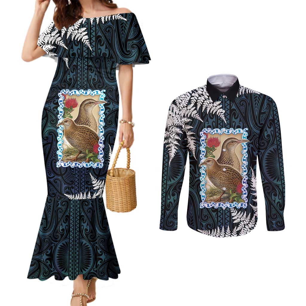 New Zealand Weka Couples Matching Mermaid Dress and Long Sleeve Button Shirt Maori Hen Koru Pattern - Polynesian Pride