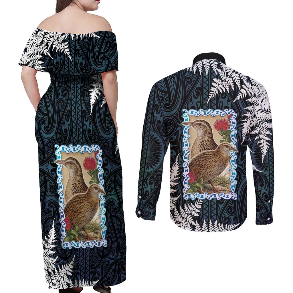 New Zealand Weka Couples Matching Off Shoulder Maxi Dress and Long Sleeve Button Shirt Maori Hen Koru Pattern - Polynesian Pride