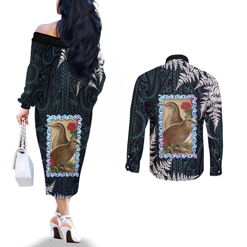 New Zealand Weka Couples Matching Off The Shoulder Long Sleeve Dress and Long Sleeve Button Shirt Maori Hen Koru Pattern - Polynesian Pride