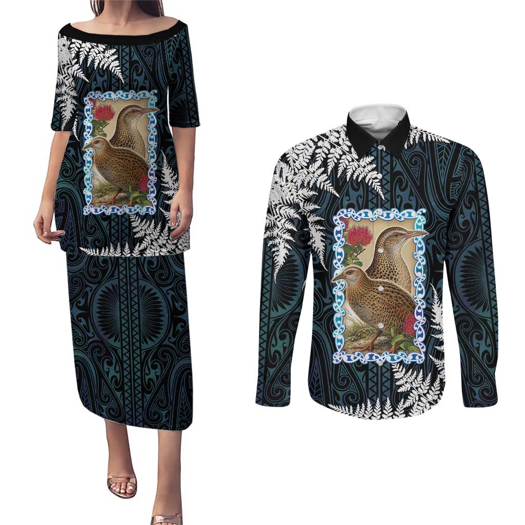 New Zealand Weka Couples Matching Puletasi and Long Sleeve Button Shirt Maori Hen Koru Pattern - Polynesian Pride