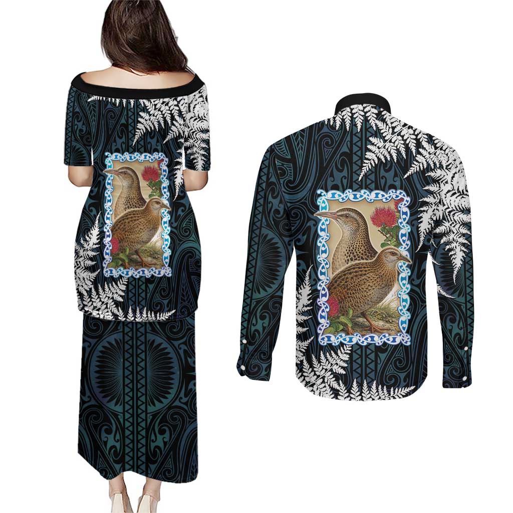 New Zealand Weka Couples Matching Puletasi and Long Sleeve Button Shirt Maori Hen Koru Pattern - Polynesian Pride