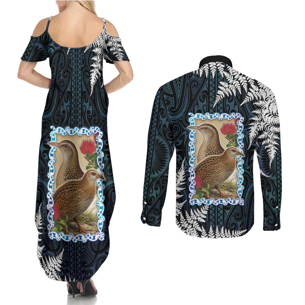 New Zealand Weka Couples Matching Summer Maxi Dress and Long Sleeve Button Shirt Maori Hen Koru Pattern - Polynesian Pride
