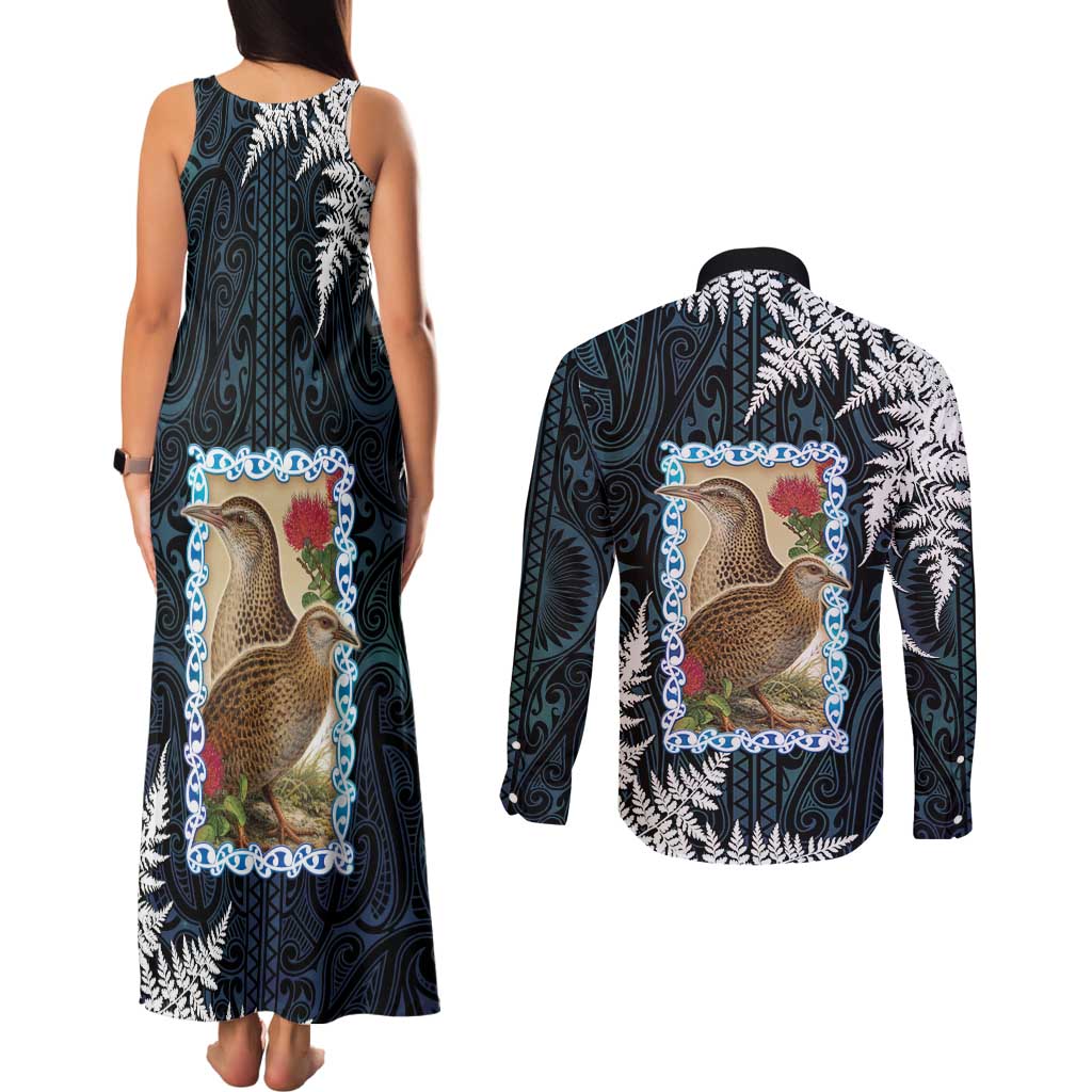 New Zealand Weka Couples Matching Tank Maxi Dress and Long Sleeve Button Shirt Maori Hen Koru Pattern - Polynesian Pride