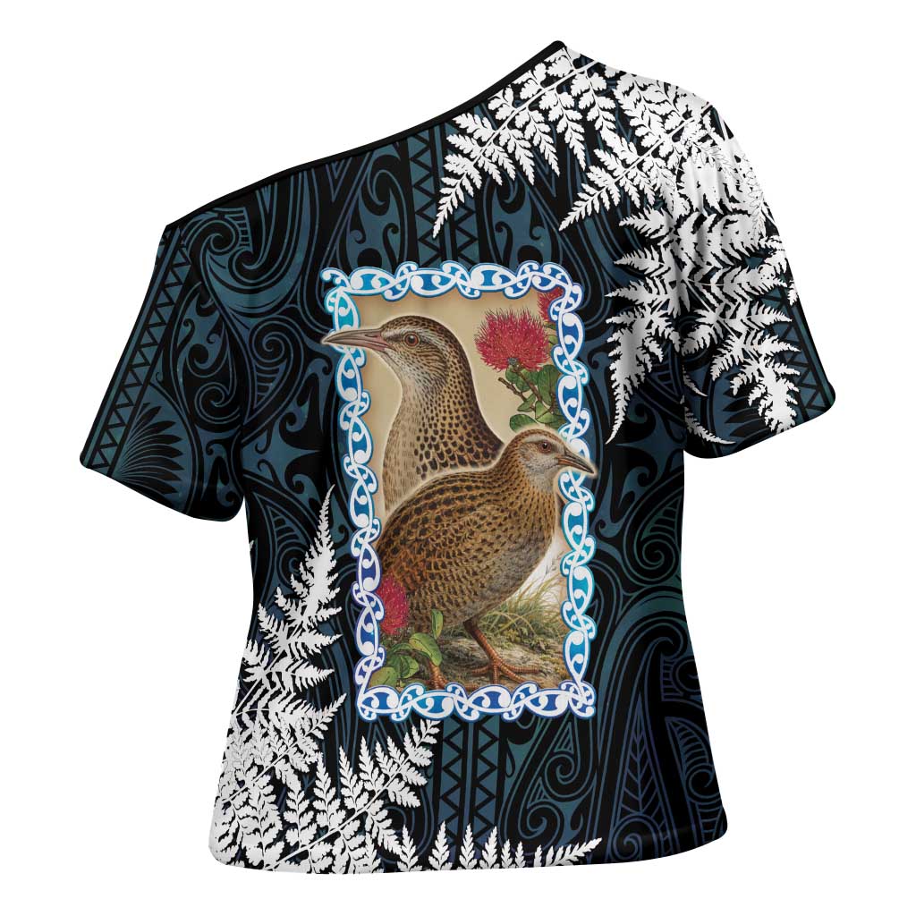 New Zealand Weka Cross Shoulder Shirt Maori Hen Koru Pattern - Polynesian Pride