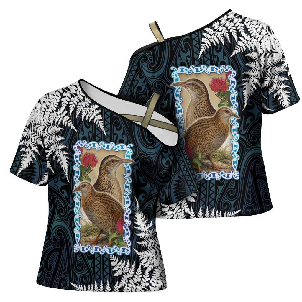 New Zealand Weka Cross Shoulder Shirt Maori Hen Koru Pattern - Polynesian Pride